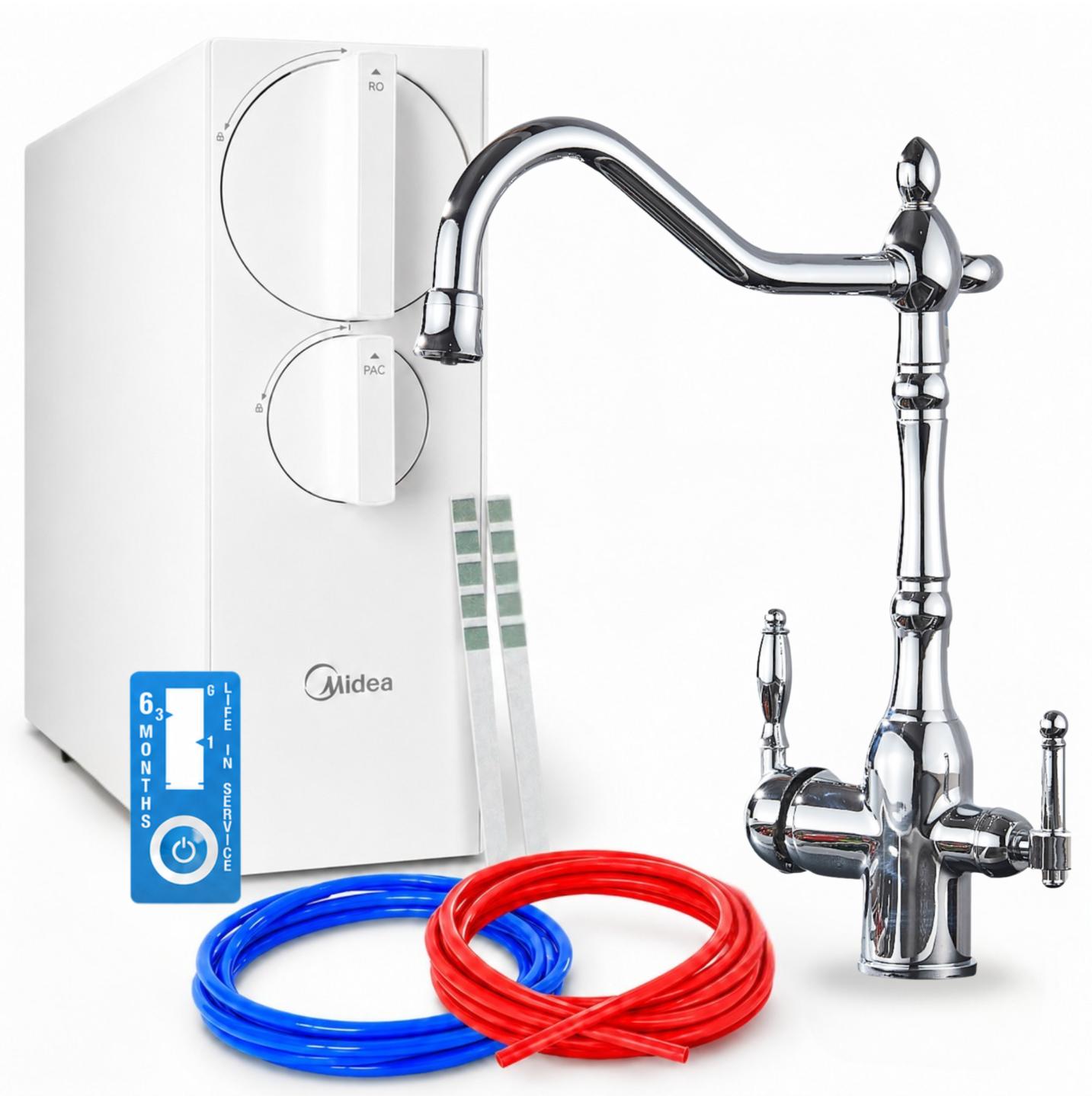 Umkehrosmose Wasserfiltersystem Ari Retro 2, 800Gpd, 3-Wege-Küchenarmatur, Chrom, Messing, Keramikkartusche, Perlator, Schwenkbarer Auslauf, Tanklos