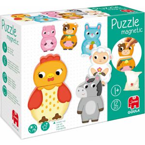 Goula Puzzle 455245 Bauernhof-Tiere, Magnetpuzzle, Holz, ab 1 Jahr, 12 Teile