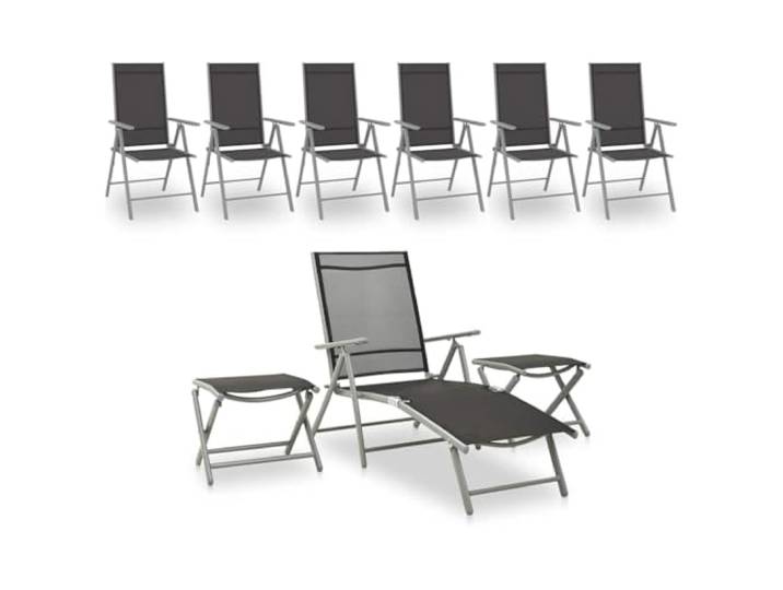 Aluminium pliable dossier réglable 7 positions 9 pièces Noir 32.75 Salon de jardin 9 pieces Noir et argente aluminium pliable avec chaises longues et repose-pieds pour terrasse exterieur