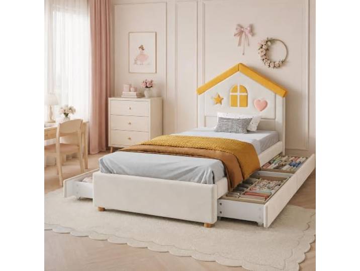 ModernLuxe Hausbett 90x200 cm,Polsterbett,4 Schubladen,Stauraumbett,Beige Gepolstertes Haus-Kopfteil aus französischem Samt, 150 kg belastbar, mit vier Schubladen, ohne Matratze