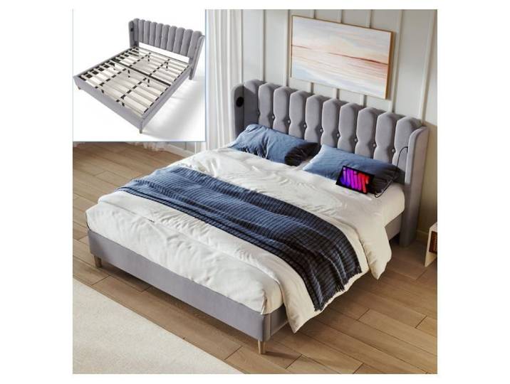 Lit double rembourré 180x200 lit 2 places USB Type-C Design moderne Lin Gris