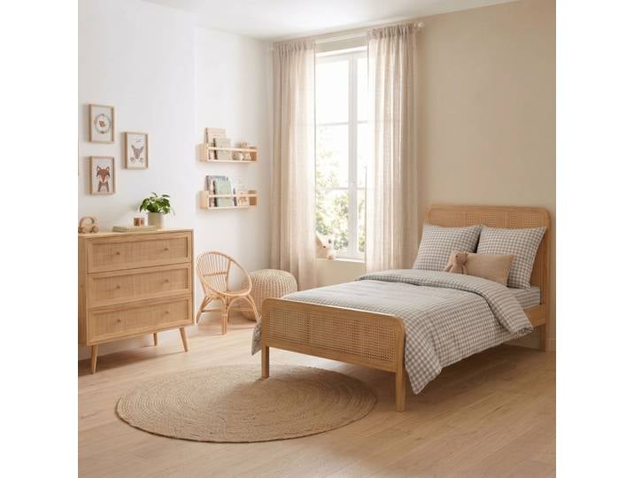 Chambre lit cannage enfant avec commode bois naturel ANNA 90x200