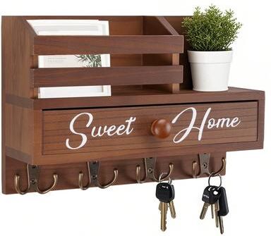 Perfect Picks Market Rustic Key Holder Wall Mount With 8 Hooks, Storage Drawer & Mail Organizer For Entryway brown