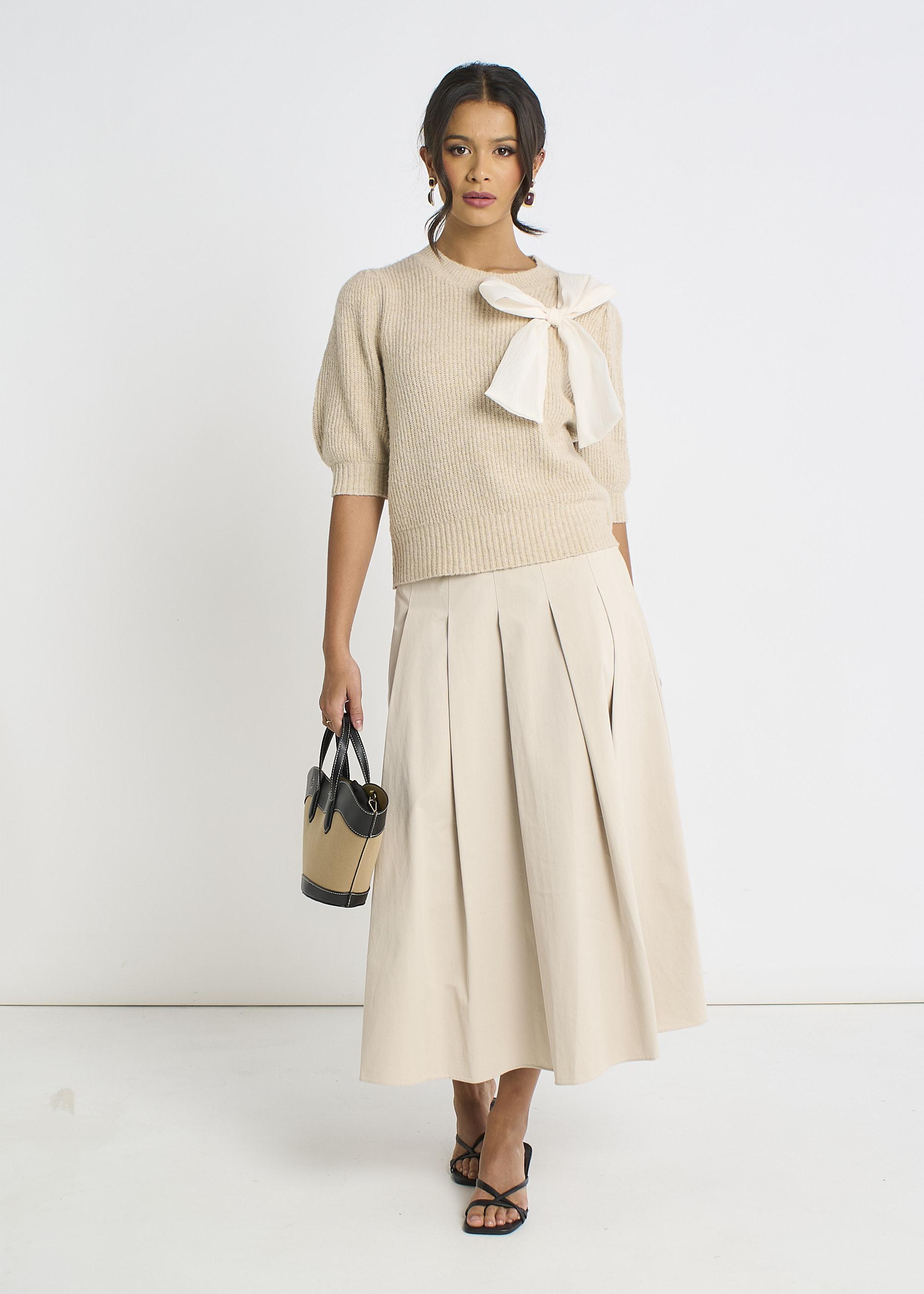 Mokka Chiffon-Schleifen-Strickpullover