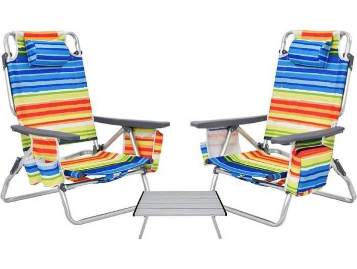 GIANTEX 2 Fauteuils de Jardin/Plage Pliante avec Table+ Oreiller- Chaise Dossier Réglable à 5 Niveaux-Transat Bain de Soleil-