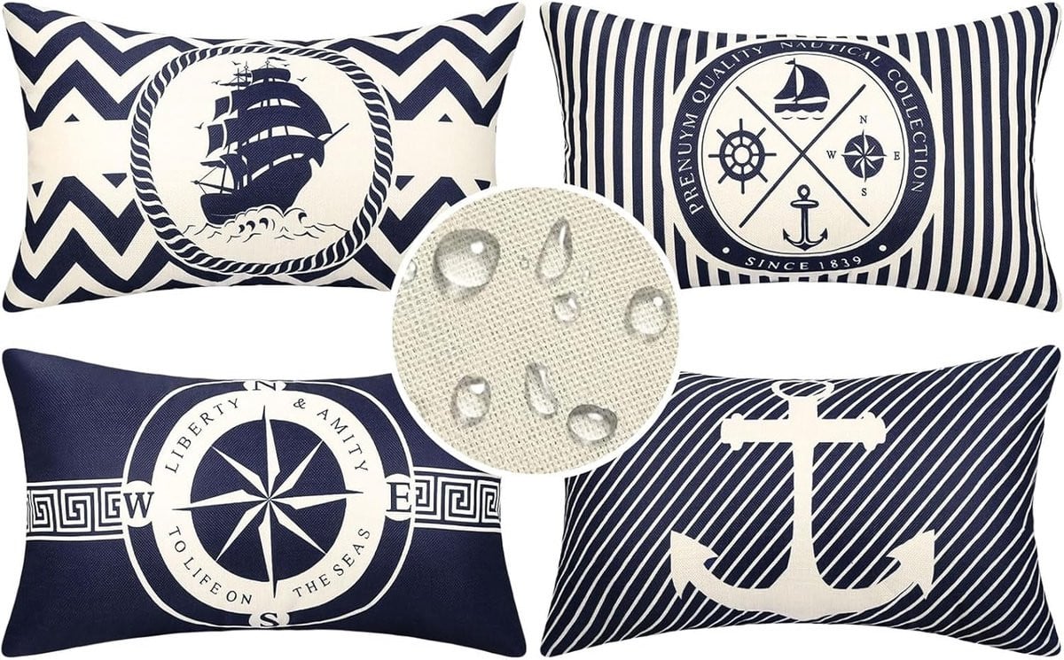 Ibenzoa Waterdichte Kussenset van Vier met Maritiem Streepmotief voor Outdoor Bescherming