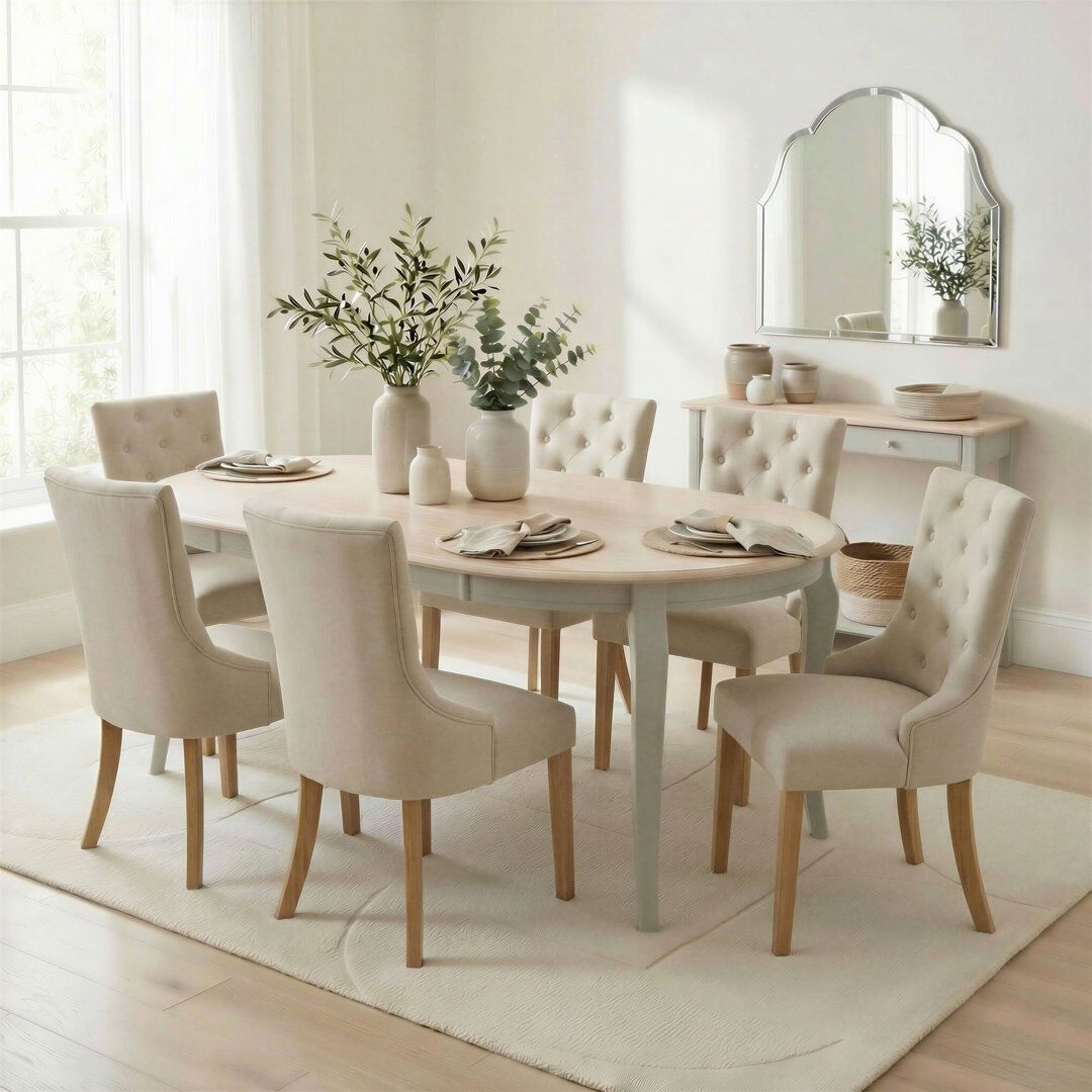 Canora Grey Betsan Whitewashed Oval Solid Wood Dining Table With 6 Beige Linen Fabric Chairs - Modern Farmhouse Brown