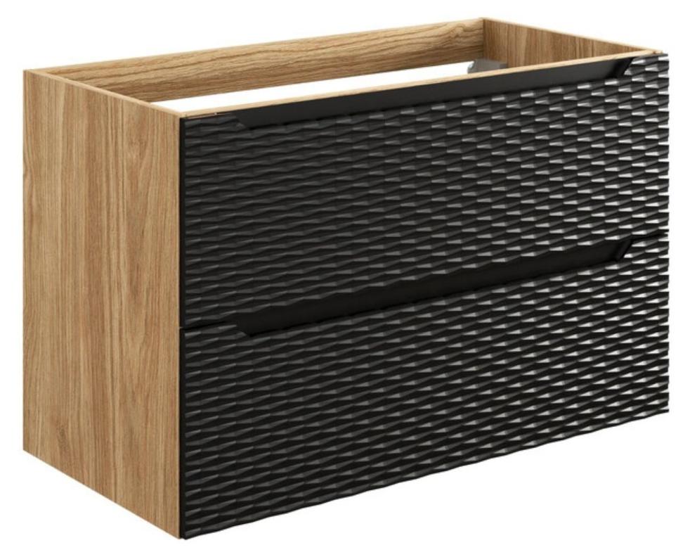 Möbelunterschrank YOKA - 2 Schubladen - Helles Eichenholz und Schwarz - B90 × T46 × H57 cm - Zum Aufhängen