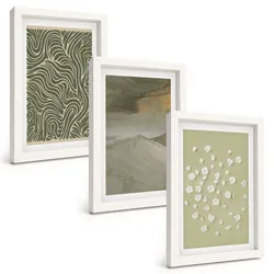 BILDER SET 3er Set - 20x30 cm Weißer Rahmen - Abstrakte florale Wellenmuster