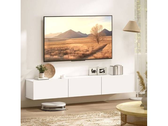 ELVORIN Meuble TV mural 180 cm 3 rangements blanc pour TV jusqu a 82 pouces style moderne