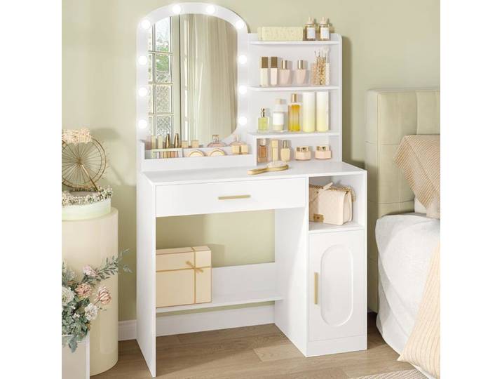 Coiffeuse avec Miroir Ovale Coiffeuse avec Miroir LED Luminosité Réglable Table de Maquillage avec Tiroir Étagères Ouverts Blanc