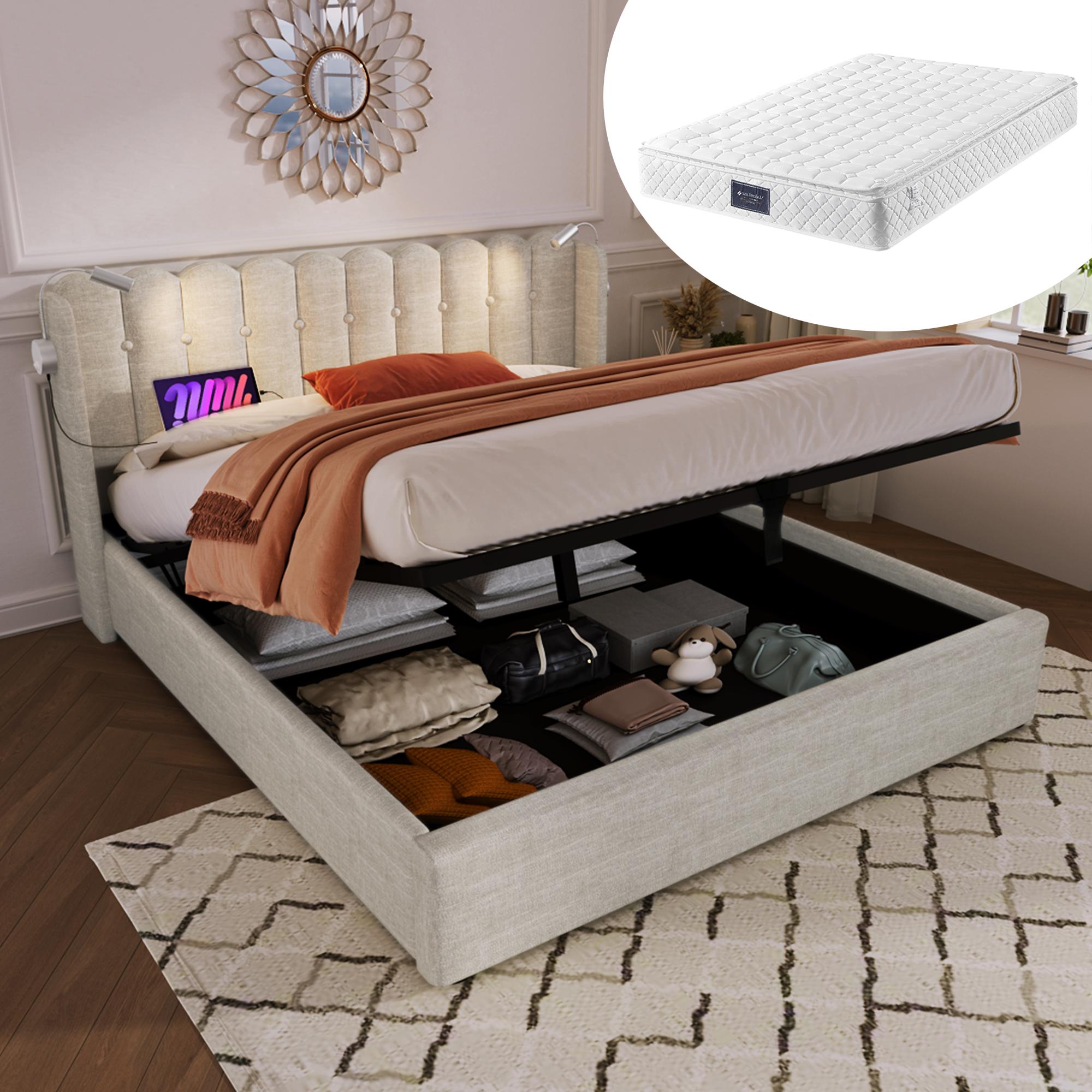 Polsterbett Doppelbett Leselicht mit Ladefunktion Kopfteil Stauraum Bettgestell Leinenmaterial Jugendbett 160x200 mit lattenrost