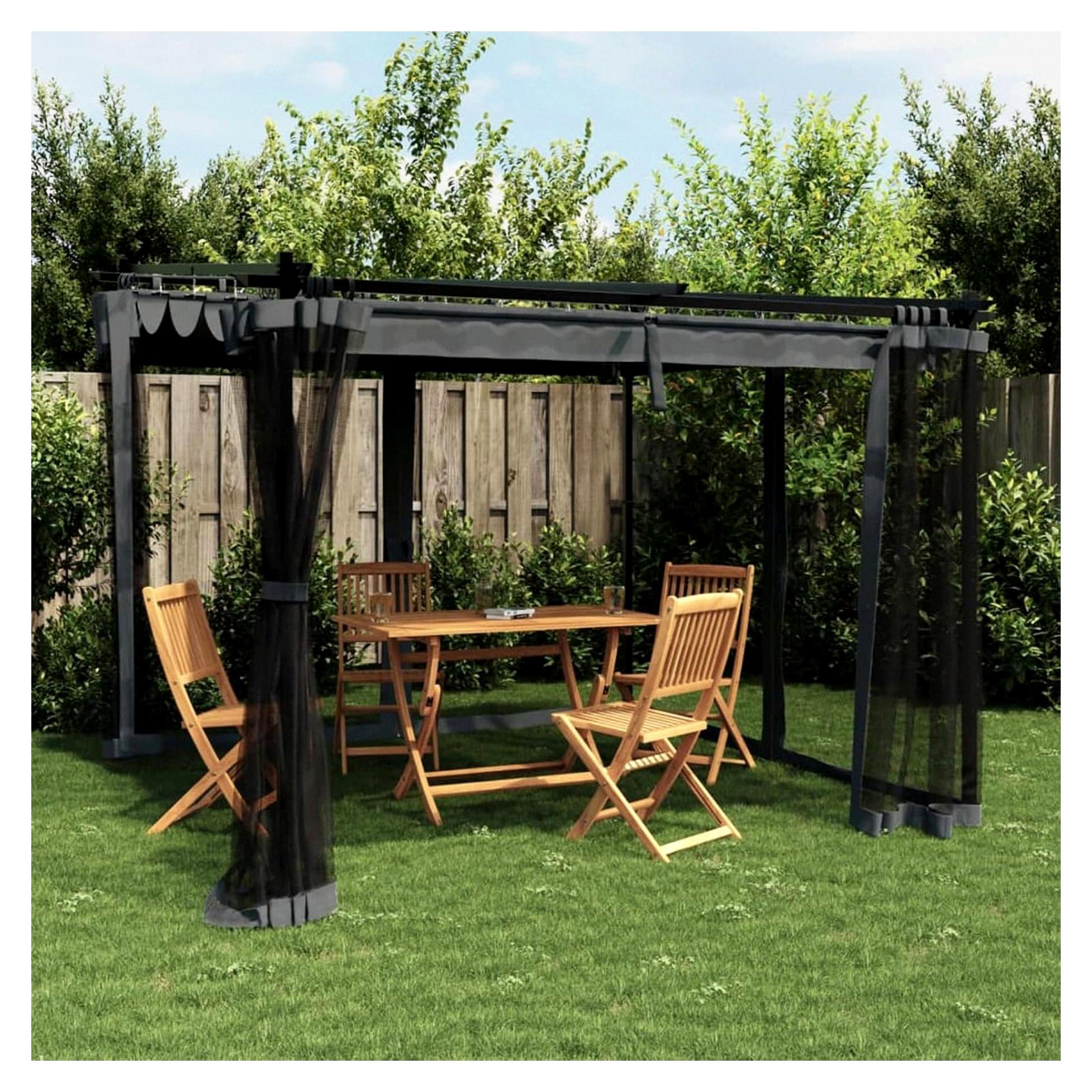 Pavillon, Pergola mit Netzseiten und Schiebedach, Sonnenschutz für Terrasse und Garten, Anthrazit 3x3m Stahl