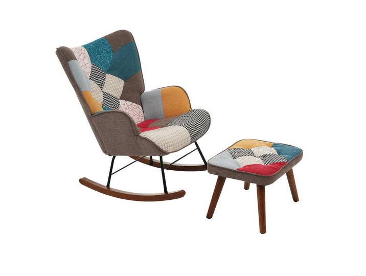 ComfortXL Schaukelstuhl Patchwork-Design mit Fußhocker, De-42120, Bunt, Mehrfarbig, Holz, 69.5x88.5x50 cm, Wohnzimmer, Sessel, Relaxsessel