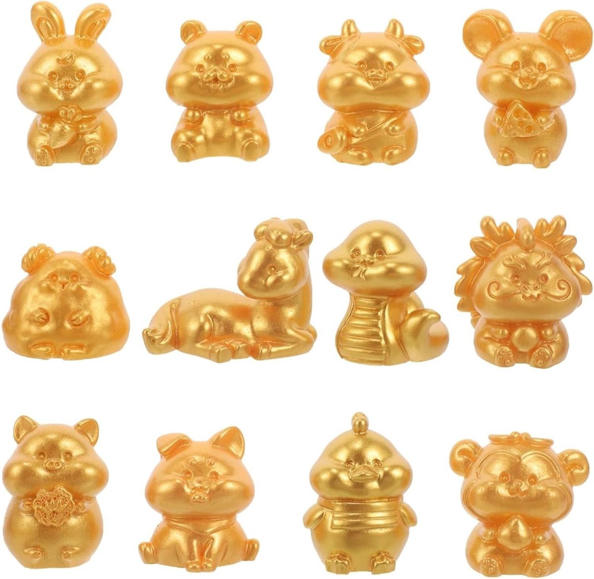 Set van 12 gouden Dierenriem Beeldjes voor Nieuwjaar Decoratie van Premium Hars