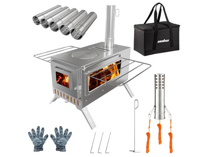 Poêle de camping, poêle à bois Unho, poêle à bois portable avec 6 tuyaux de cheminée en acier inoxydable pour chauffage et cuisson en extérieur