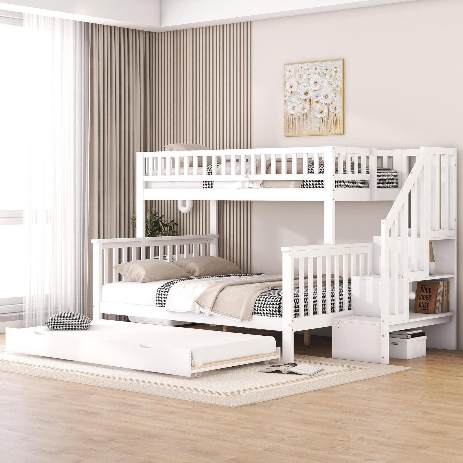 Merax Stapelbed met trap en uitschuifbaar onderbed, houten bedhuis, wit
