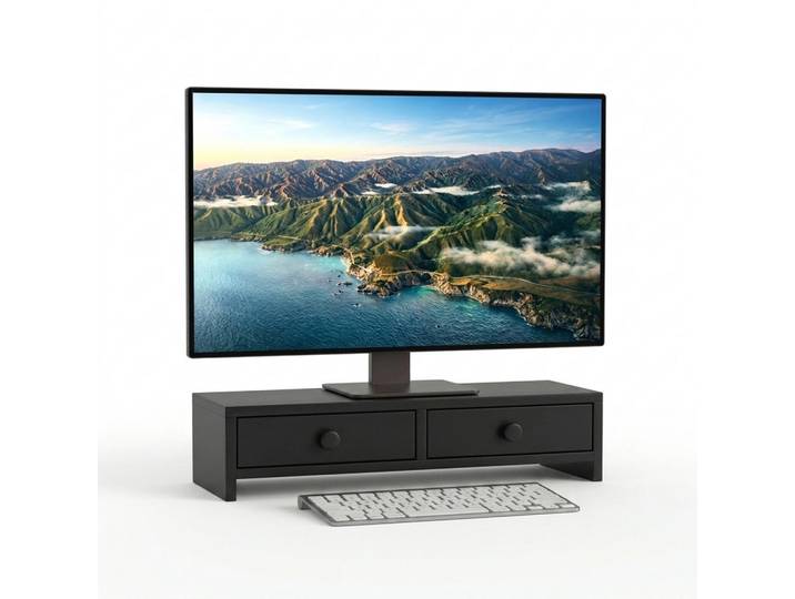 Relaxdays Monitorständer Schwarz MDF 2 Schubladen 47x18x12,5 cm, Holzwerkstoff, 47x12.5x18 cm, Büromöbel, Schreibtische