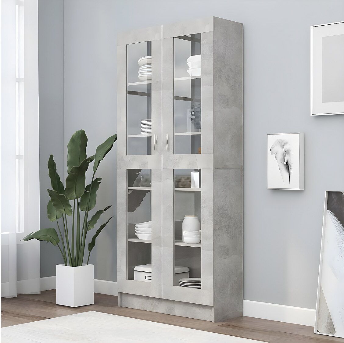 Clicnbuy Vitrina de madera contrachapada gris hormigón 82,5x30,5x185,5cm