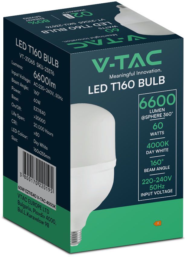 V-Tac Vt-21065 Lampadina Led Attacco E27/e40 60w Forma T160 Luce 4000k - 23576
