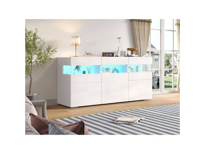 Buffet bas blanc 140 x 40 5 x 66 5 cm 3 portes façade brillante LED et acrylique transparent