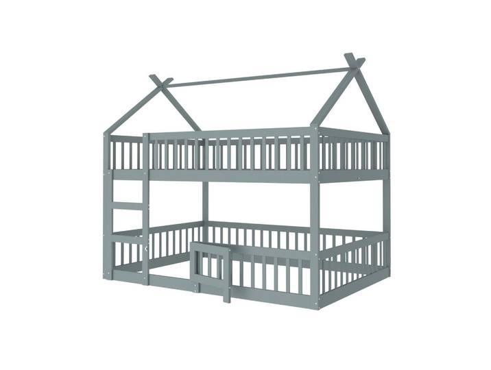 Modfu Kinder-Etagenbett aus Holz 140x200 cm Grau mit Treppe, hohem Fallschutz und Tür, 140x200 cm, Babymöbel & Kindermöbel, Kinderzimmer & Jugendzimmer, Stockbetten