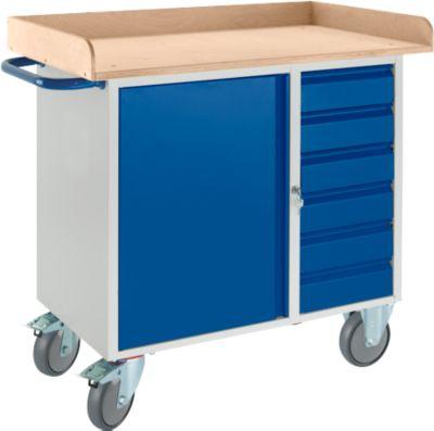 Werkbank mit Schrank, 6 Schubaden, 3-seitiger Holzumrand, 2 Lenkrollen/2 Bockrollen