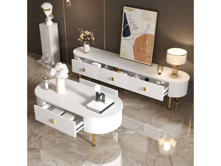 MEUBLIV Ensemble salon table basse et meuble TV avec tiroirs MDF blanc et or coins arrondis