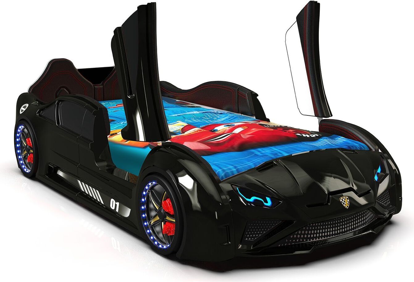 Bullet Kinderbett Rennwagen Schwarz 90x190 cm mit LED, Sound & Türen als Rausfallschutz