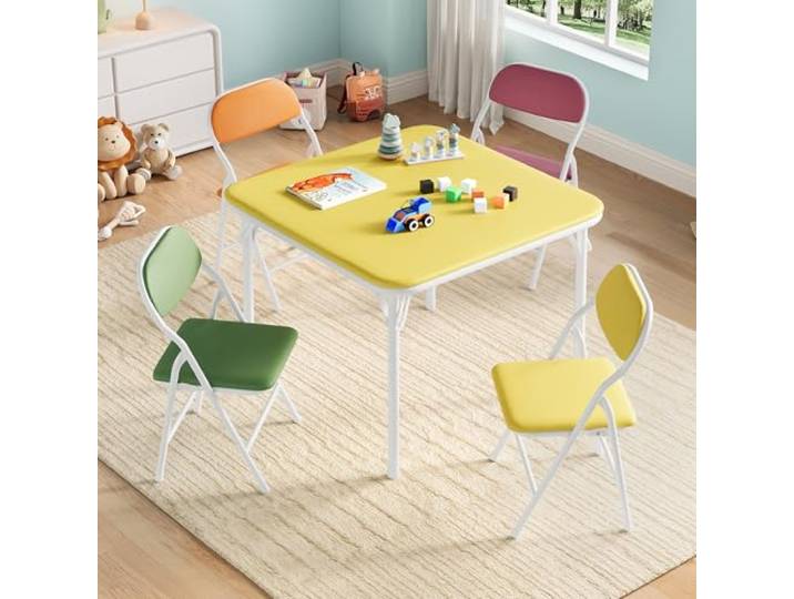 Furntrastar Faltbares Kinder Tisch und Stuhlset 1 Tisch + 4 Klappstühle PU-Leder Oberfläche Gepolsterte Sitzkissen Tisch 60 x 60 x 50 cm Stuhl 30 x 25 x 55 cm