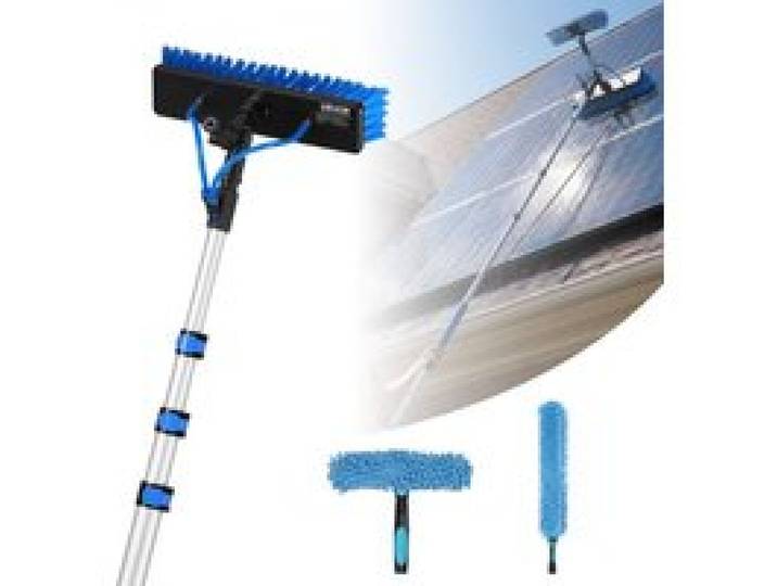 VEVOR Teleskop Waschbürste für Solarpanel, Photovoltaik Reiniger inkl. 1,7-6m Alu-Teleskop 20m Wasseranschluss 180° Bürste Abzieher Seifenspender, Reinigungsset für Solaranlage Fenster Terrassendach
