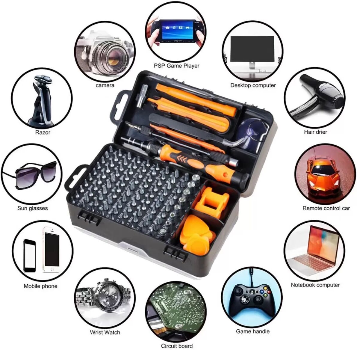INF Trousse tournevis de précision 115-in-1 - Orange, embouts en acier Cr-V, magnétique avec arbre flexible