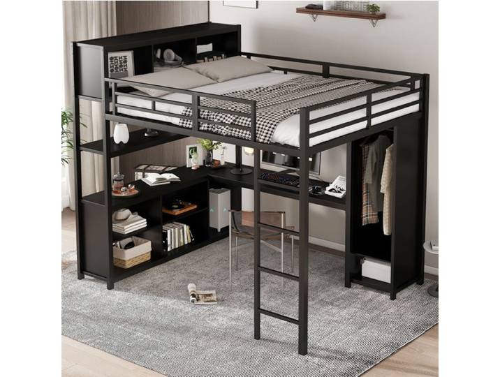 Lit double étage avec bureau rangement et armoire intégrée métal et panneaux noirs 140x200cm