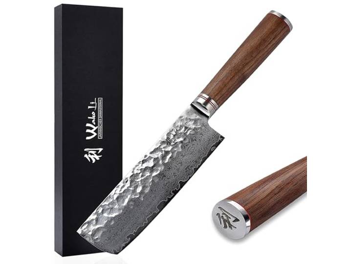 Wakoli Nussbaum Nakirimesser mit 22,5-cm-Klinge, 67 Lagen Damaststahl, VG10 Für große Gemüsesorten: VG10-Kern, 60 ± 2 HRC, beidseitiger 15° V-Schliff, Hammerschlag, Nussbaumholzgriff und Geschenkbox