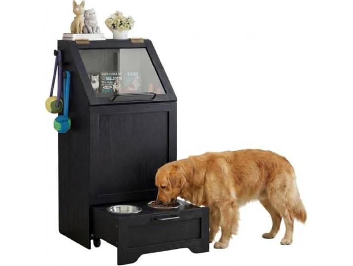 IDEALHOUSE Hundefutterstation mit 2 erhöhten Edelstahlnäpfen 25lb Fassungsvermögen, integrierter Organizer, Haken und Spielzeugfach, freistehend für Hunde