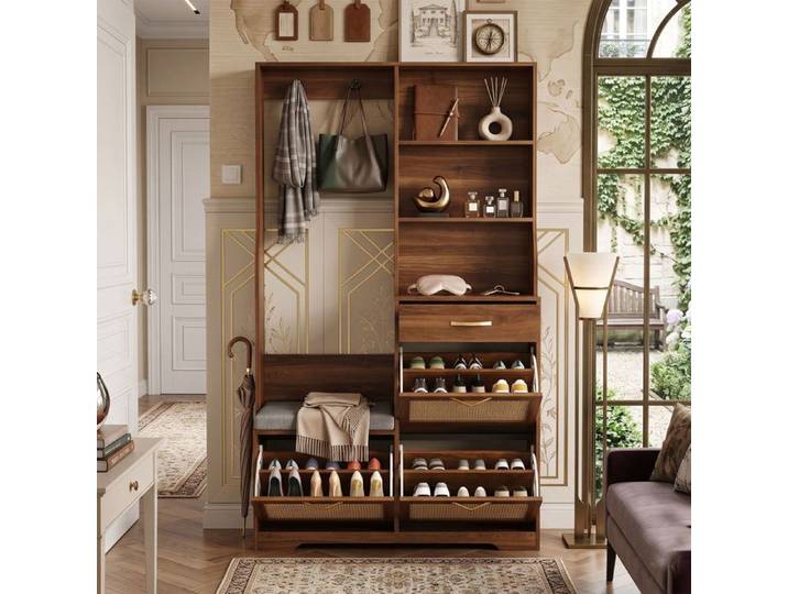 Vestiaire Entrée Meuble Chaussures 170cm Grand Rangement Banquette Design Soigné Cannage Rotin & Portemanteau - Noyer