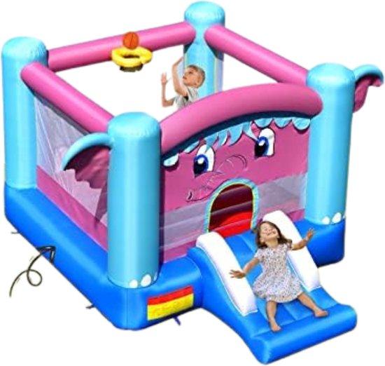 Unyqoos Hüpfburg mit Rutsche & Basketballkorb, Oxford-Material, 255×352×194 cm, für Kleinkinder - max. 3 Kinder (max. 135 kg; Einz. 45 kg; max. 150 cm)