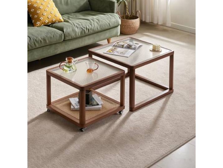 Nesting‑Couchtisch‑Set, runder Teetisch mit Rädern für kleine Räume Braunes geriffeltes Glas, bewegbares Nesting‑Design, Rattan‑Zierrahmen(Large+Small)