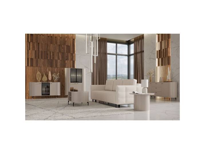 Buffet 3 portes avec façade vitrée – ZANTE – 150 cm – grège avec rainures