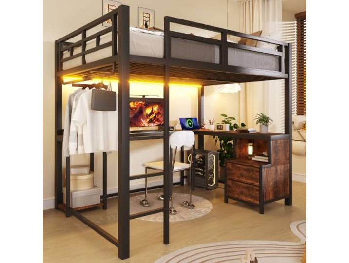 BXEYXE Metall-Hochbett(140x200cm) mit LED-Beleuchtung, USB-Ladestation, Schreibtisch & Ablagefächern