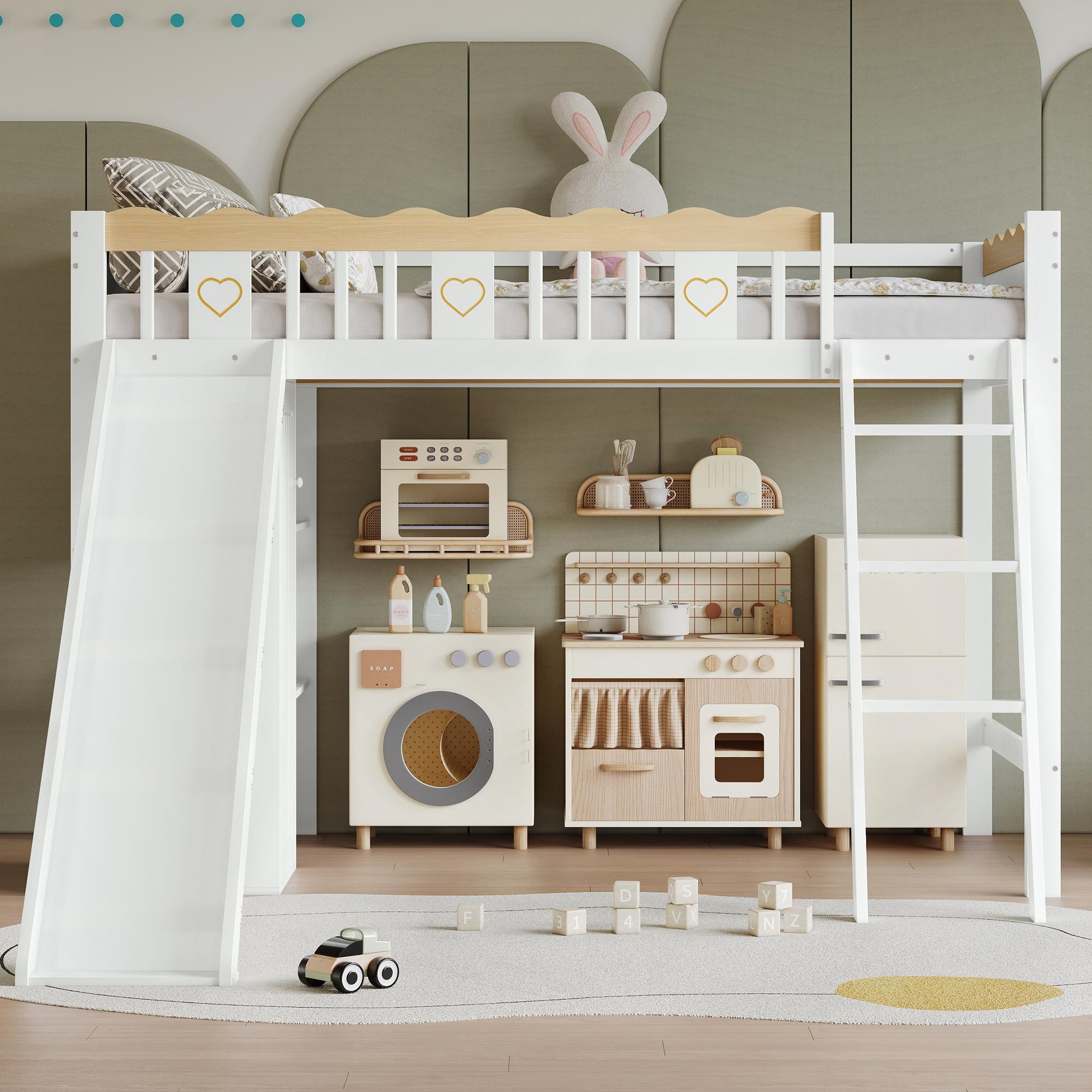 Etagenbett, Kinderbett, Mit Kinderrutsche, Kleiderschrank und Ablageschrank unter dem Bett, Vierseitiger Zaun mit exquisiten Mustern Kiefer + MDF + Sperrholz, Weiß+Natur, 90x200cm