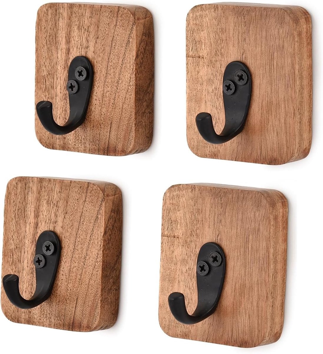 Set van 4 rustieke wandkapstokken van acaciahout voor kleding en accessoires