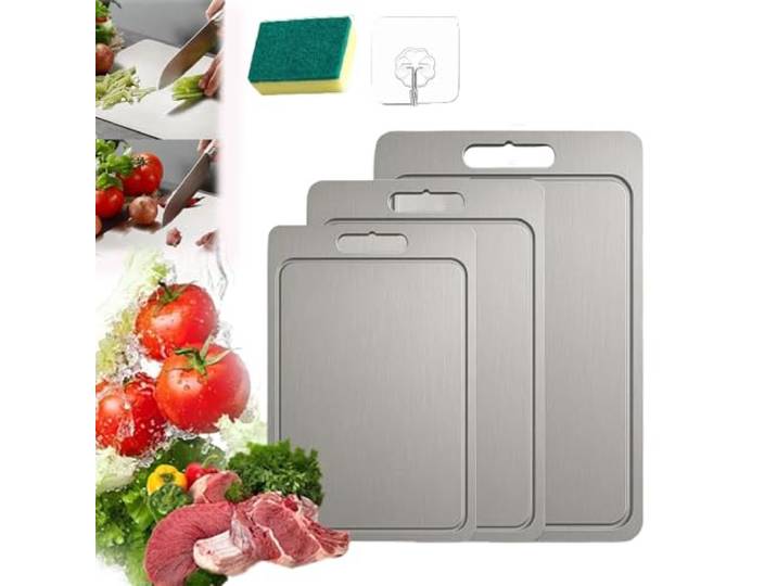100%-Titan-Schneidebrett 2.0 Mit Ablaufrinne, Titan Schneidebrett, Schneidebretter für die Küche, Doppelseitig, Lebensmittelecht, Antihaftbeschichtet, Langlebig (3-grössen-set)