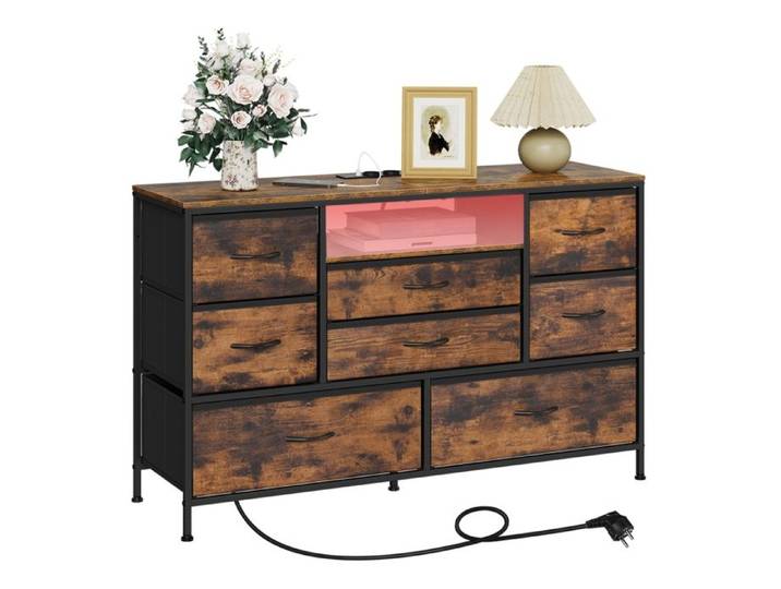 Commode WOLTU à 8 Tiroirs en Tissu - avec Lumière LED et Station de Recharge - Brun Rustique et Noir W0ITT5040