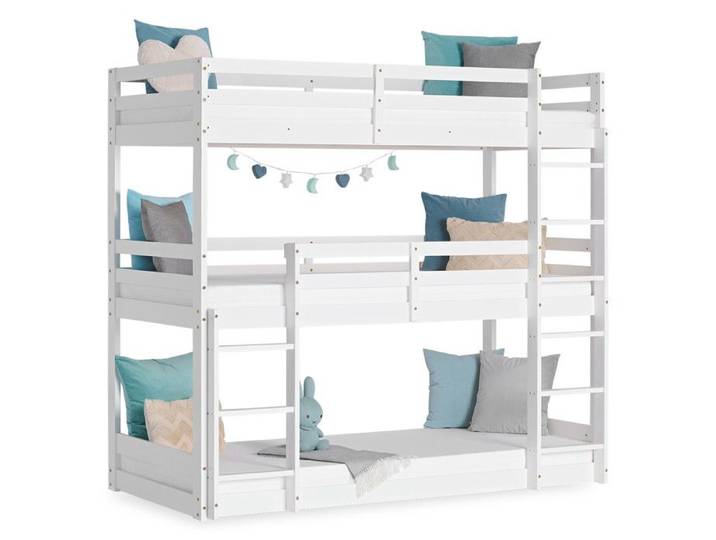 Lit Superposé 3 Niveaux 90x200 cm Blanc Échelles Blanches avec Sommier