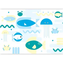 Artgeist, Tapete, Fototapete - Animals in the sea - geometric blue fish in water for kids (400 x 280 cm)