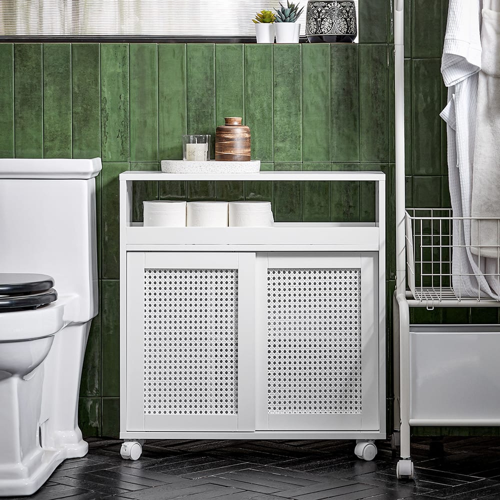 SoBuy Armoire de toilette compacte roulante avec 2 portes coulissantes Blanc 65x70x20cm