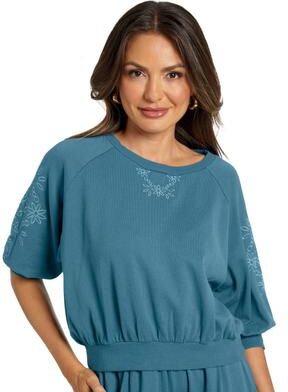 Masseys Serenity Embroidered Tee Casual in Washed Vintage Blue, Size 3X, Cotton