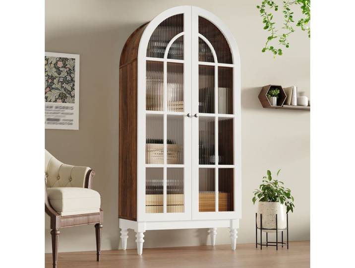 WOVREO Vitrine haute 165 cm à 2 portes en verre strié 3 étagères MDF blanc aspect noyer