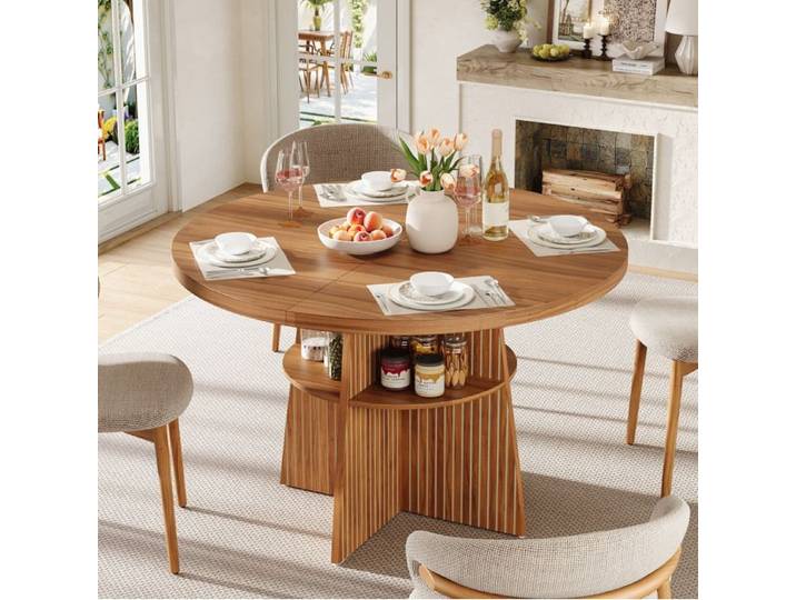 Table A Manger Ronde Extensible Noyer Table De Repas FloraGrace Pour Cuisine Avec Etagere Integree 110-150x110x77 5cm